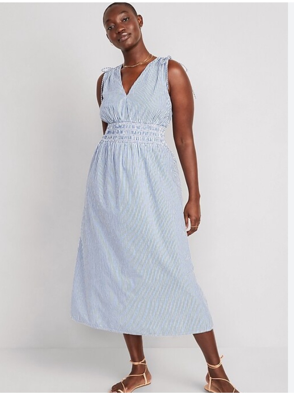 Old Navy Blue and White Striped Tie-Shoulder Sleeveless V-Neck Sundress